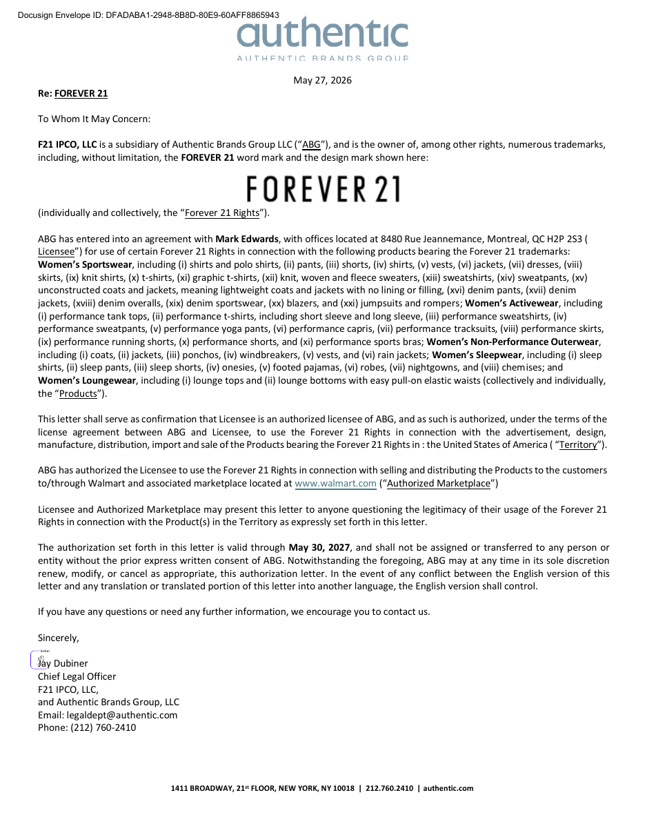 Preview of the Forever 21 Letter of Authorization from F21 IPCO, LLC and Authentic Brands Group, addressed to Mark Edwards as authorized licensee for production of Forever 21 branded apparel sold through Walmart.