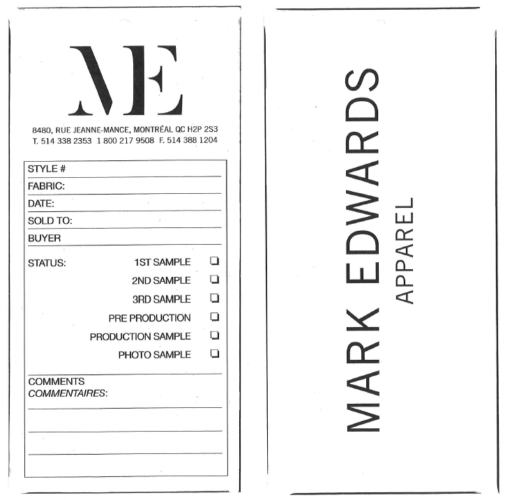 Mark Edwards Apparel sample tag template with fields for style number, fabric, date, sold-to, buyer, status checkboxes (1st sample, 2nd sample, 3rd sample, pre-production, production sample, photo sample), and comments.